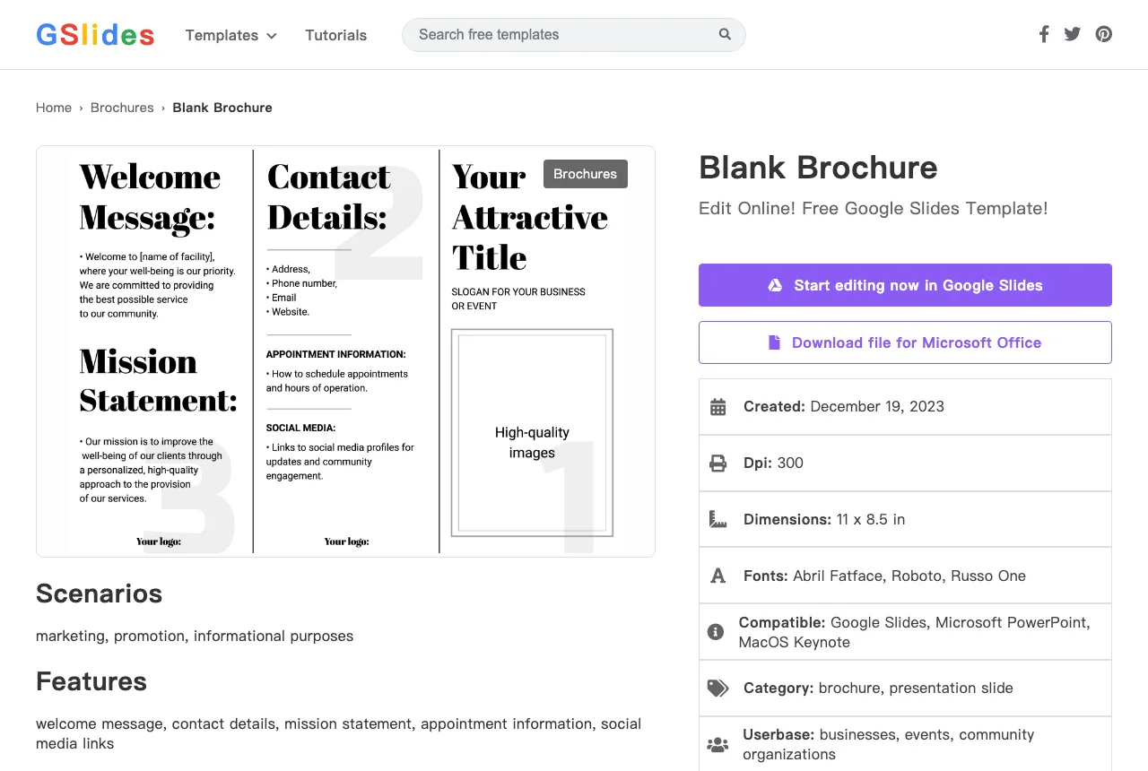 Gslides 免費 Google Slides 模板庫,不用登入就能下載 PPTX 2 Gslides 模板詳情頁:三摺頁宣傳冊預覽圖與 Start editing in Google Slides、Download for Microsoft Office 兩顆按鈕
