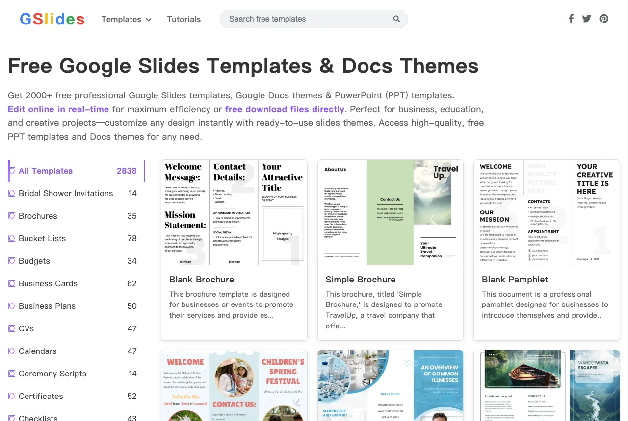 Gslides 免費 Google Slides 模板庫,不用登入就能下載 PPTX 3 Gslides 首頁:左側商務、個人、教育、婚禮分類選單,右側模板卡與 All Templates 2838 計數