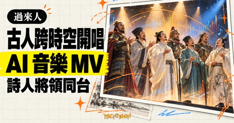 TechMoon 精選圖｜中國古代詩人與將領群像站上燈光舞台演唱，呈現《過來人》AI 音樂 MV 的跨時空場景。