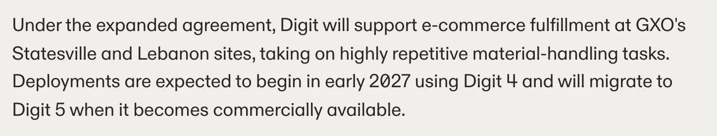 Agility 官方新聞稿 2026 年 10 月 26 日截圖：擴大協議載明 Digit 將支援 GXO Statesville 與 Lebanon 兩站的電商履約，部署預期 2027 年初以 Digit 4 展開，Digit 5 商用供貨後轉換