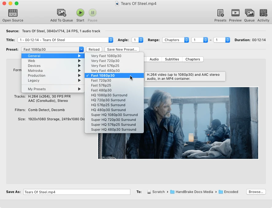 HandBrake 預設值選單畫面，左側列出 General、Web、Devices 等預設分類