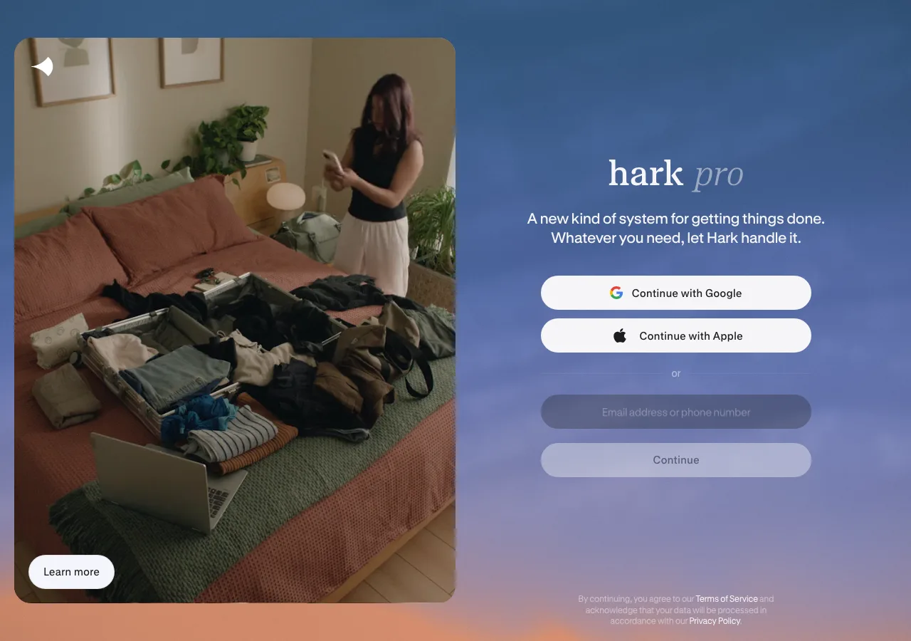 Hark 撒一百萬美元免費披薩,讓 AI 代理替你完成下單 2 TechMoon 內文截圖|Hark 官網首頁的註冊入口與條款同意說明