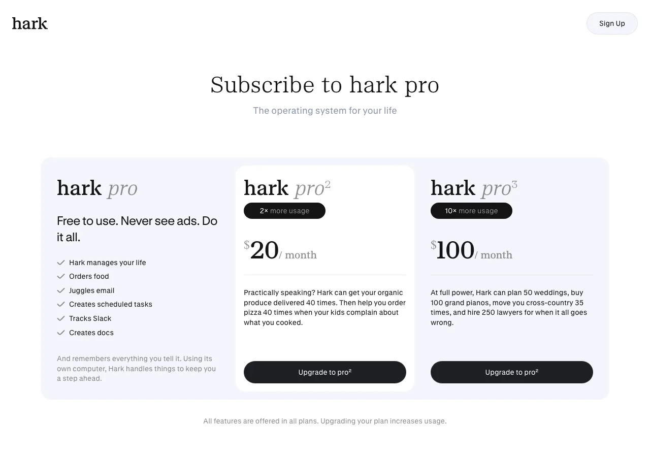Hark 撒一百萬美元免費披薩,讓 AI 代理替你完成下單 3 TechMoon 內文截圖|Hark Pro 定價頁顯示免費層與每月 20 美元、100 美元兩個付費方案