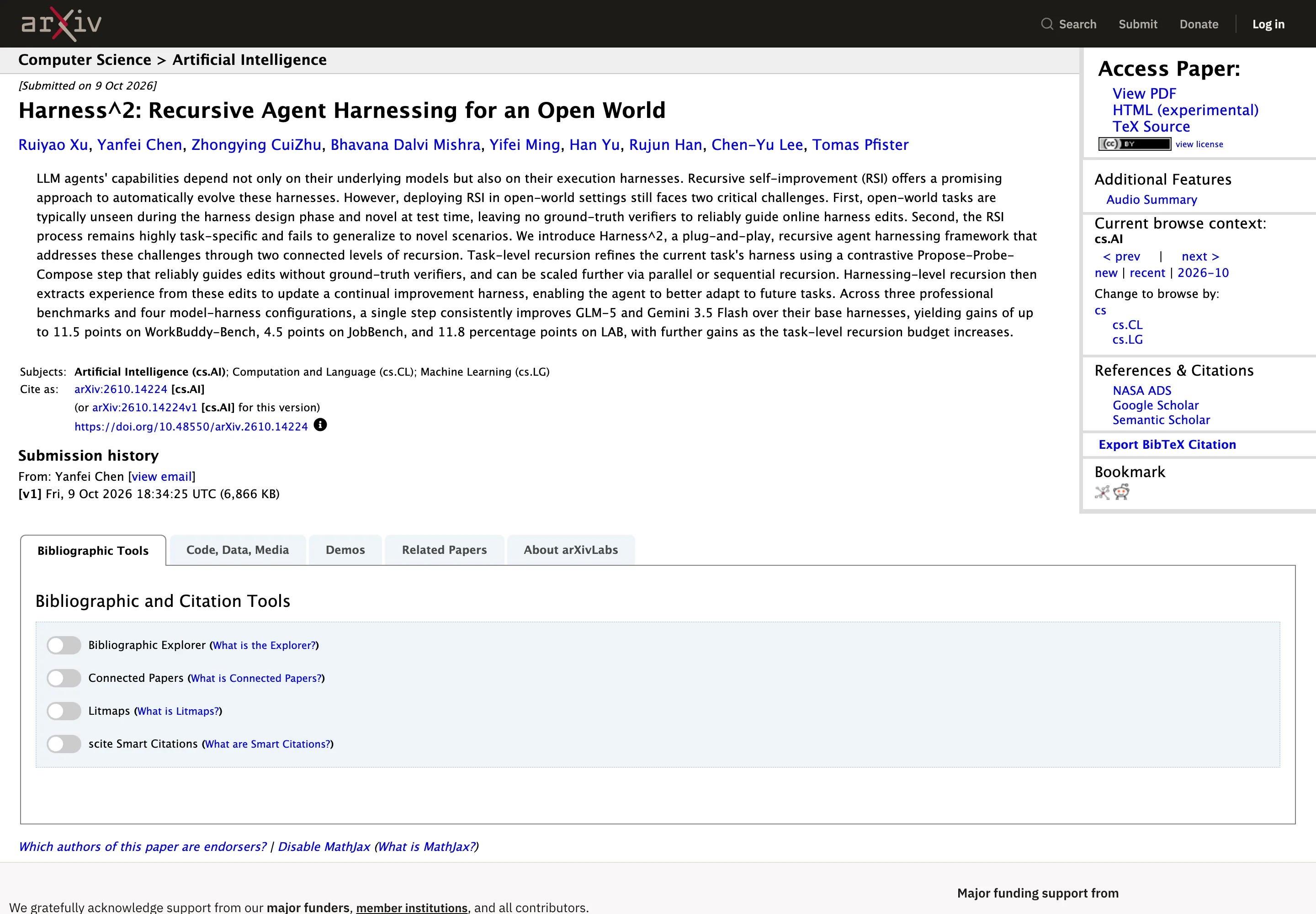 Google 開源 Harness²:AI 代理不換模型,自己調整工作配備 3 arXiv 2610.14224 論文頁面:Harness^2: Recursive Agent Harnessing for an Open World,2026 年 10 月 9 日提交,九位作者