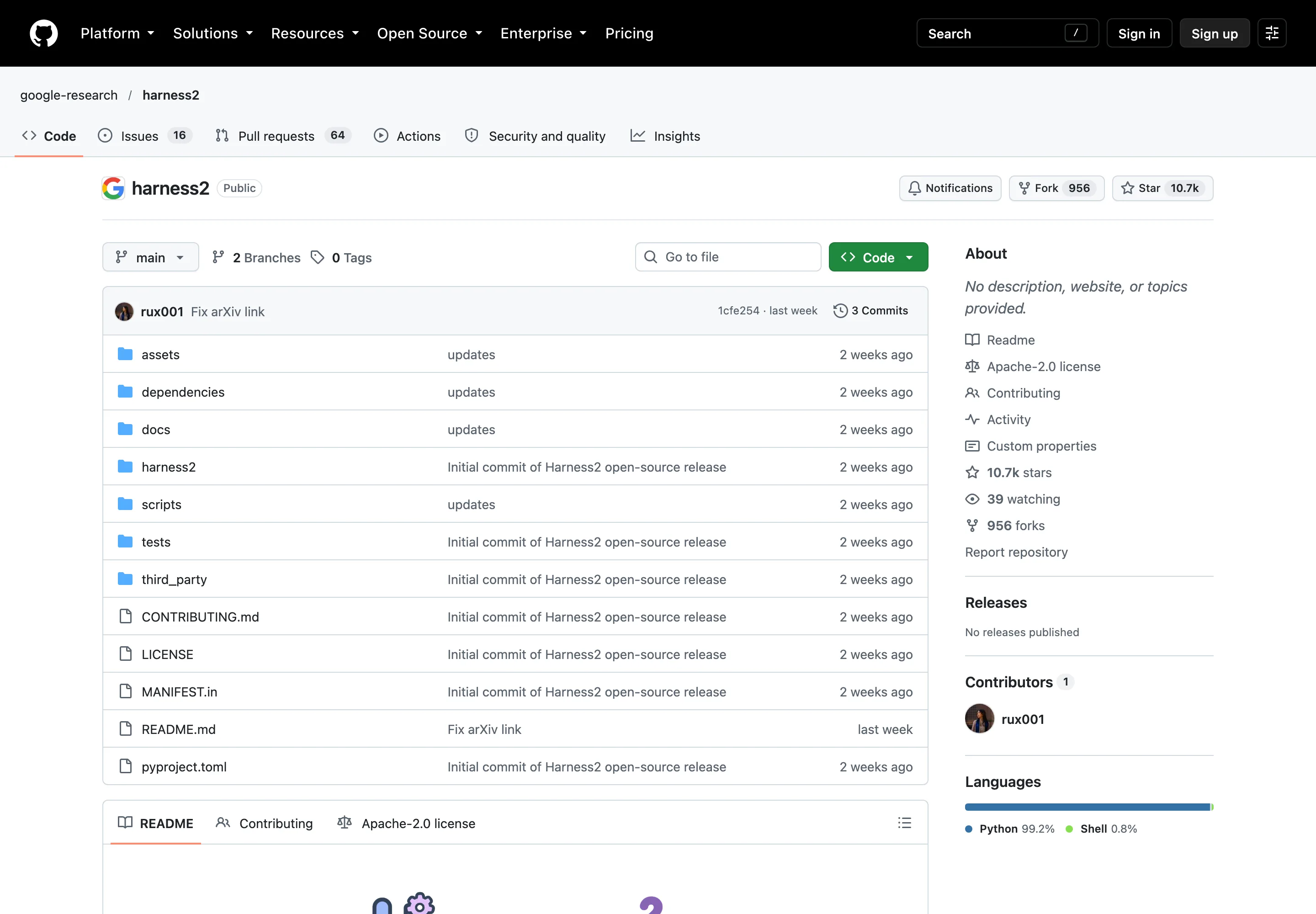 Google 開源 Harness²:AI 代理不換模型,自己調整工作配備 2 GitHub 上 google-research/harness2 儲存庫頁面,顯示 10.7k 星、956 fork、Apache-2.0 授權與零個標籤