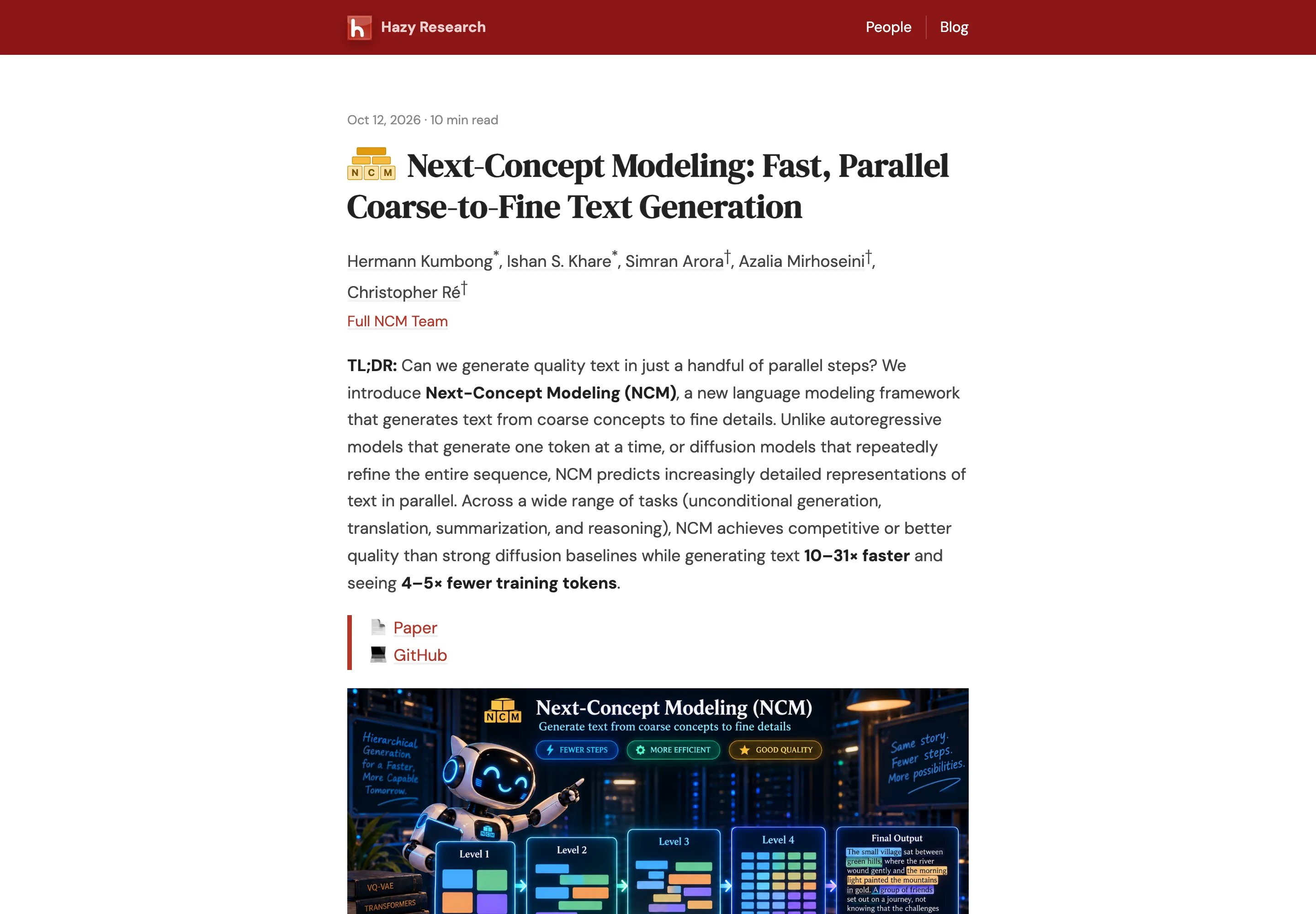 Stanford NCM 分層文字生成:31 倍加速怎麼算、對誰成立 2 TechMoon 內文截圖|Stanford Hazy Research 官方說明頁首屏,NCM 標題、作者與 10 到 31 倍加速的 TL;DR