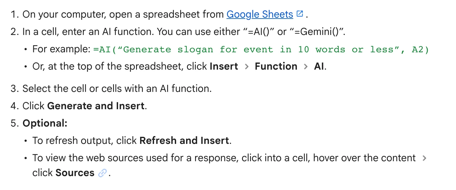 Google 試算表 AI 填表新增每格來源引用,結果查得回原文 3 Google 說明文件的 AI 函數操作步驟,包含輸入 =AI() 或 =Gemini()、按 Generate and Insert,以及點進儲存格滑過內容後點 Sources 查看網頁來源