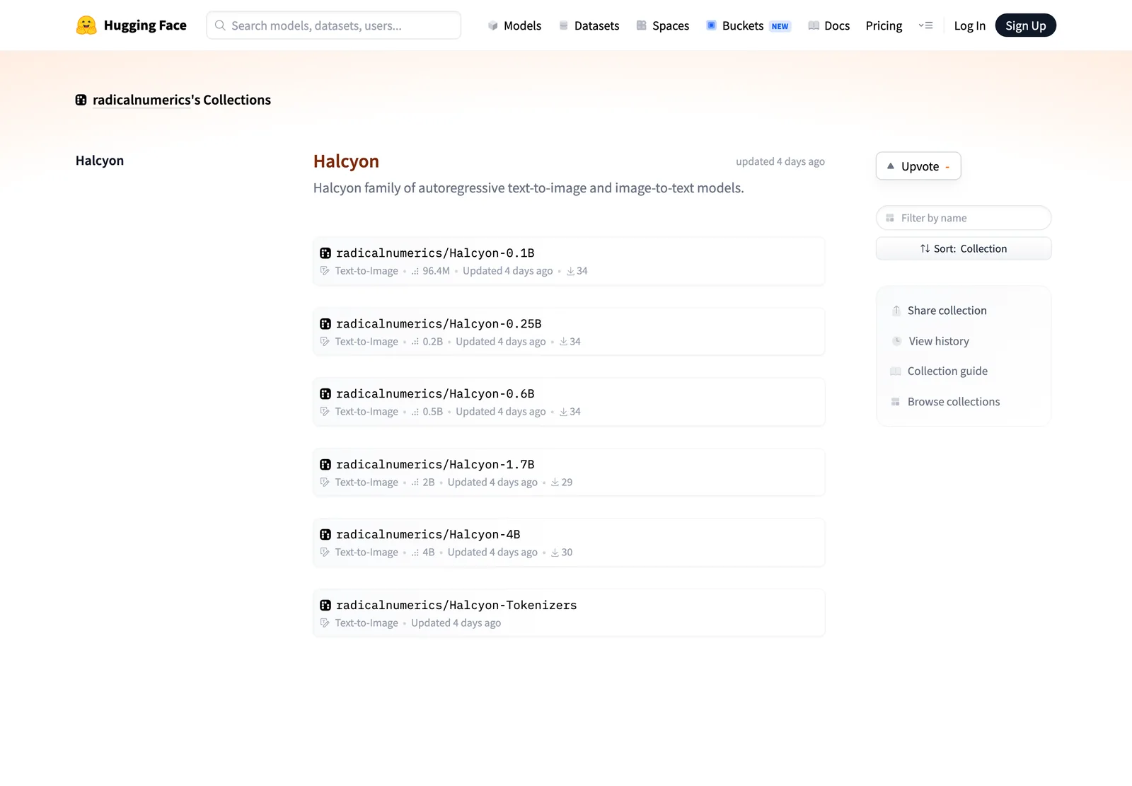 Halcyon 文生圖:不靠語言預訓練,用 275 分之一算力勝過擴散模型 4 TechMoon 內文截圖|Hugging Face 的 Halcyon 合集頁,列出五種尺寸與 tokenizer 儲存庫