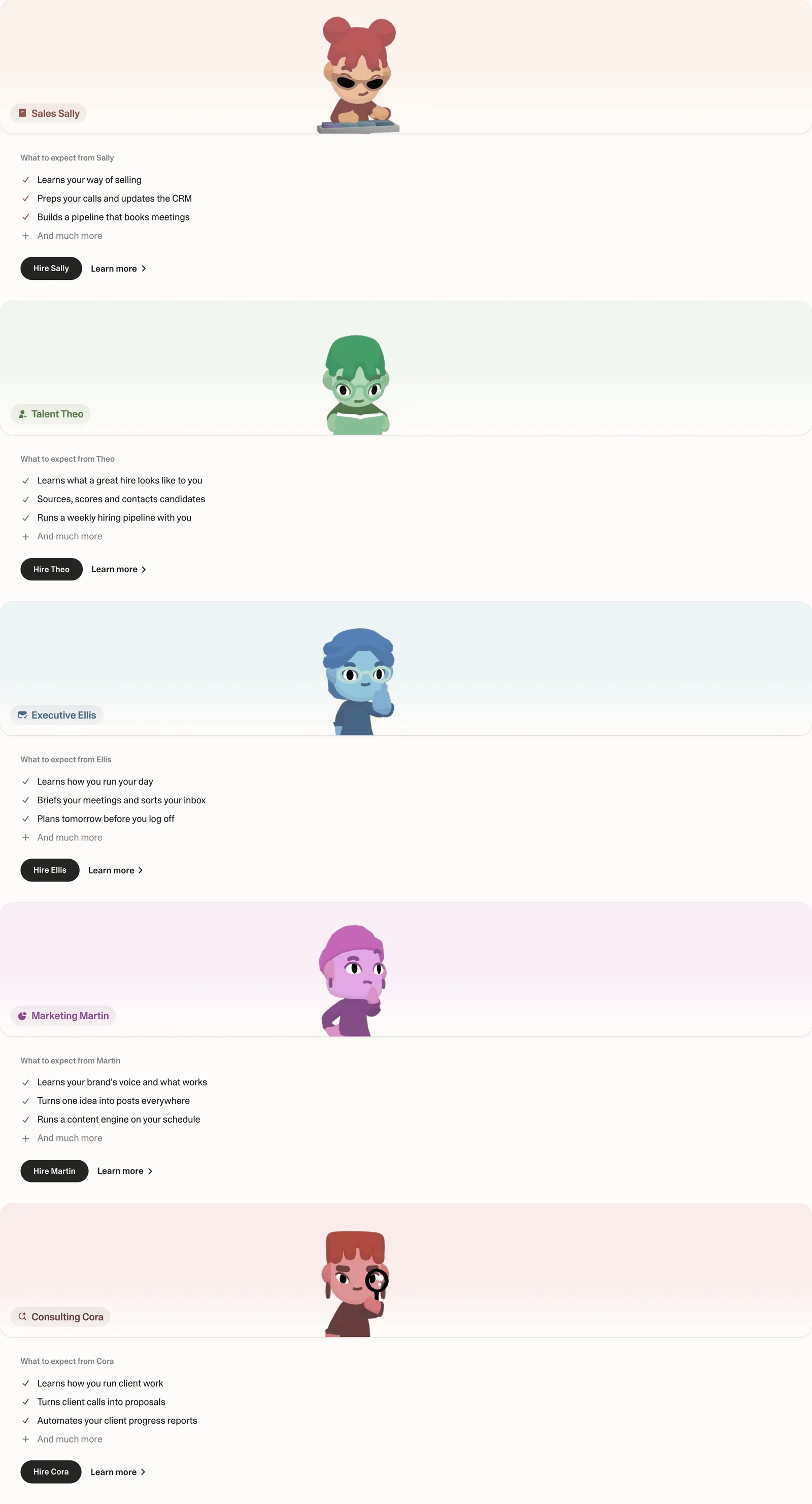Strawberry 1.0 登場:把 AI 夥伴做成可雇用的瀏覽器同事 2 Strawberry 官方雇用頁 2026 年 10 月截圖:Sales Sally、Talent Theo、Executive Ellis、Marketing Martin、Consulting Cora 五種夥伴角色卡,各附職責說明與雇用按鈕