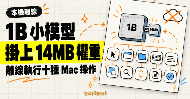 TechMoon 精選圖｜HobbyLM-1B 小模型搭配 14MB 附加權重，在 MacBook 上離線執行十種固定 Mac 操作。