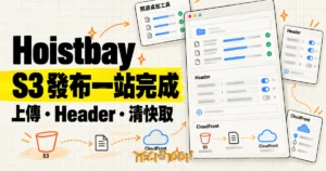 TechMoon 精選圖｜Hoistbay 開源 S3 桌面客戶端概念圖，將檔案上傳、Header 規則與 CloudFront 快取清除整合在同一視窗