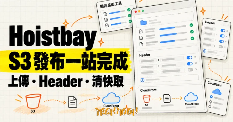 TechMoon 精選圖｜Hoistbay 開源 S3 桌面客戶端概念圖，將檔案上傳、Header 規則與 CloudFront 快取清除整合在同一視窗