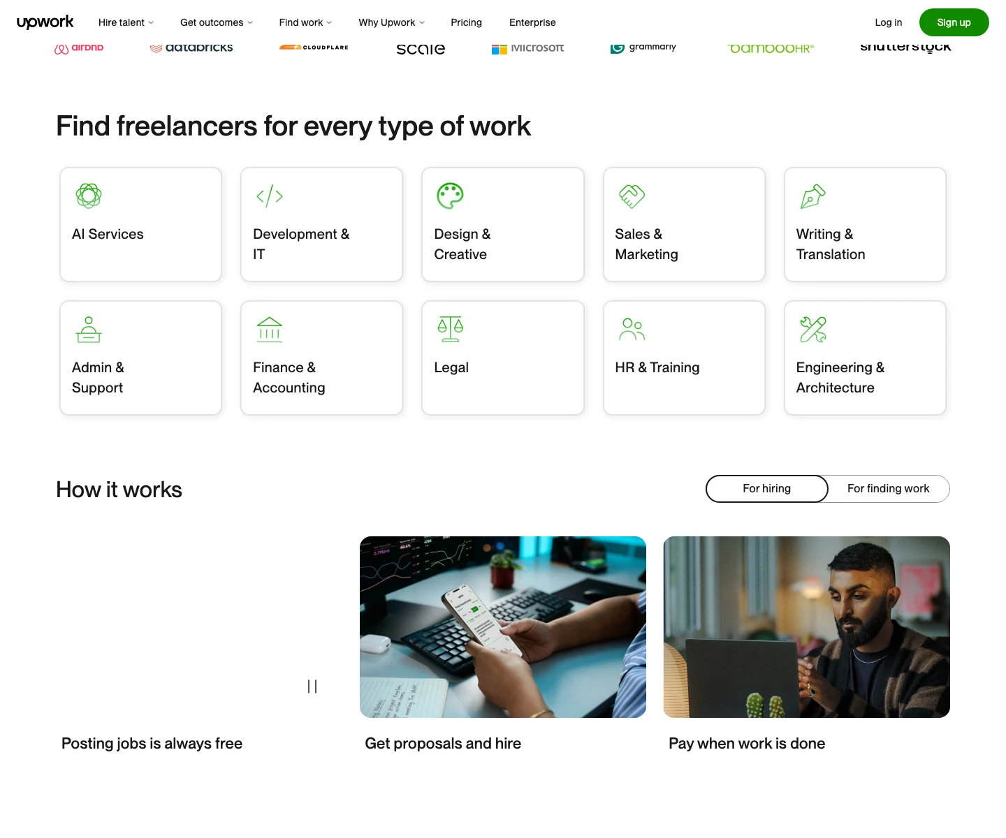 Upwork 官網首頁的接案分類與行情卡區塊