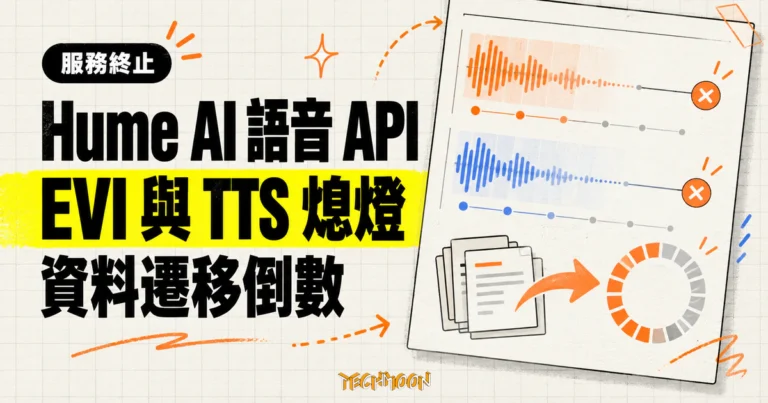 TechMoon 精選圖｜Hume AI 語音 API 停止服務概念圖，EVI 與 TTS 波形逐步熄滅並進入資料遷移倒數