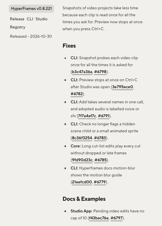 HyperFrames Computer Use 上線,讓代理操作 App 錄產品影片 4 HyperFrames changelog 的 v0.8.221 條目,文件修訂區塊寫著 Pending video edits have no cap of 10,移除待處理修改的十項上限