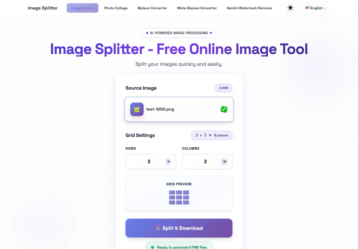 Image Splitter 圖片分割器評測,照片不出瀏覽器零失真 2 Image Splitter 操作介面截圖,上傳區顯示檔名與檔案大小,格線設定為 3×3 共 9 塊,預覽區顯示格狀示意圖
