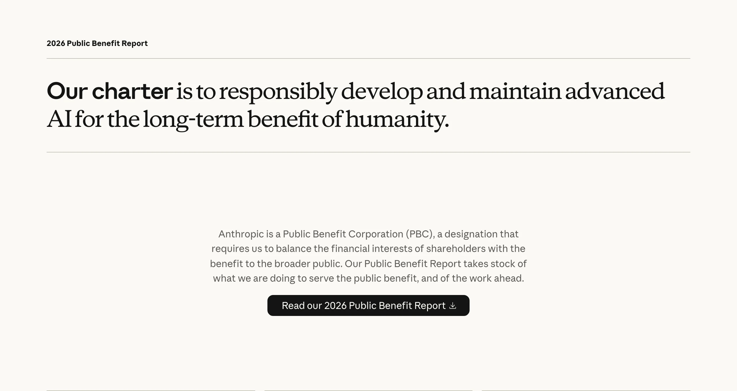 Anthropic 首份公益年報:五支柱攤開投入,信託要求看成果 3 Anthropic 公益年報官方入口頁:章程宣言標題、公益公司定位說明段落與 Read our 2026 Public Benefit Report 下載按鈕