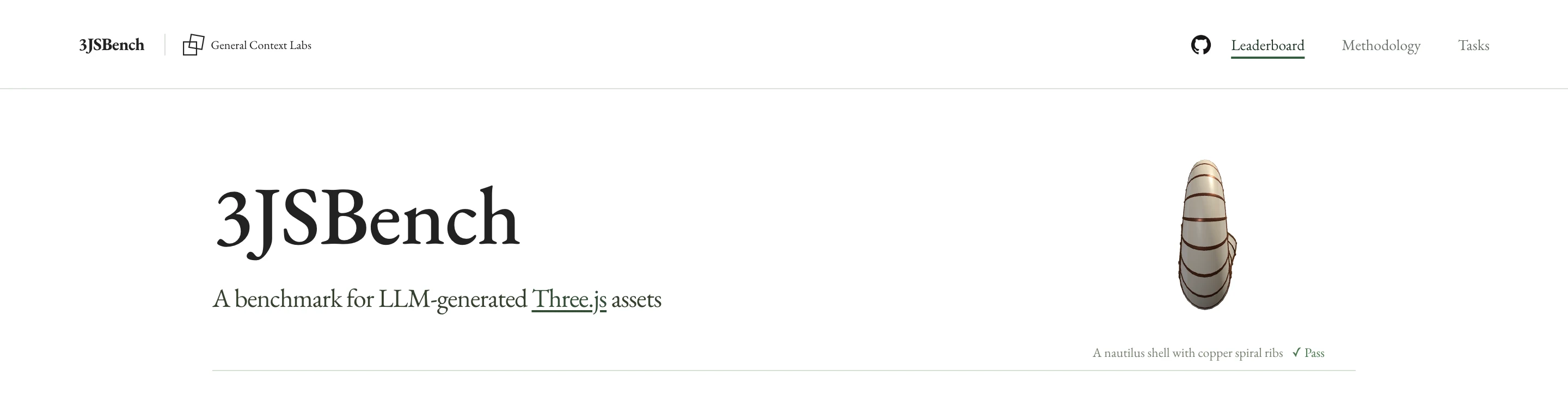 3JSBench 官方網站首頁，標題與示範通過的鸚鵡螺殼立體物件