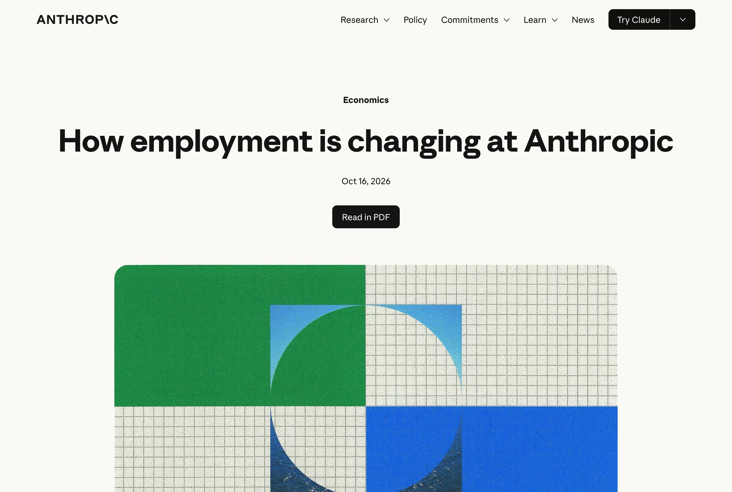 Anthropic 官方研究頁 How employment is changing at Anthropic 標題與作者名單截圖