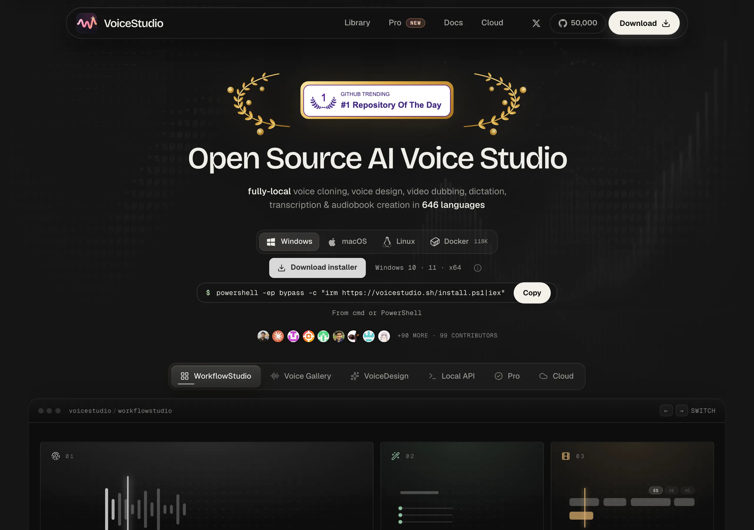 VoiceStudio 開源配音工作台:聲音複製、配音與轉錄留在本機 2 VoiceStudio 官方首頁:開源本機語音工作室定位與 646 語言副標