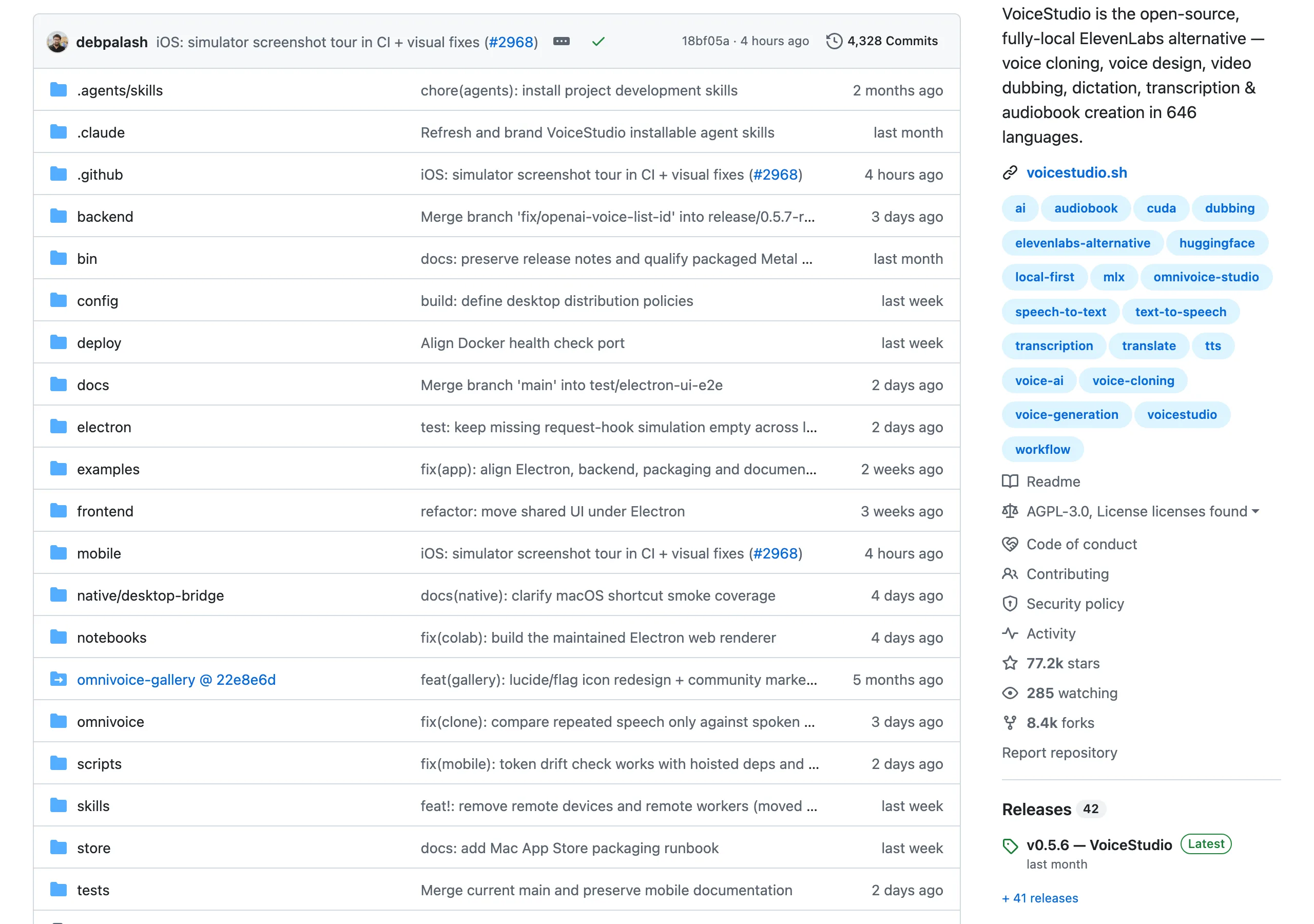 VoiceStudio 開源配音工作台:聲音複製、配音與轉錄留在本機 3 GitHub 儲存庫 debpalash/VoiceStudio 頁面:77.2k 星與 646 語言簡介