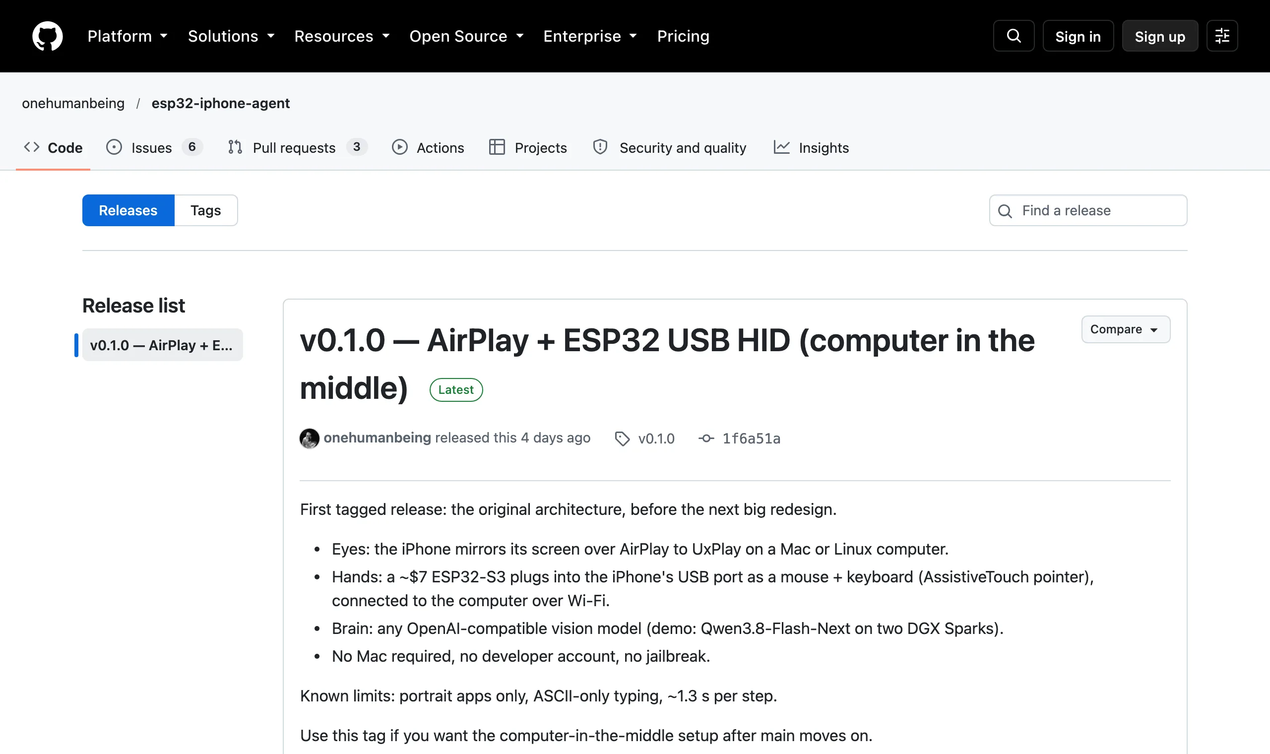 7 美元 ESP32 讓 AI 操作 iPhone:新版砍掉電腦,只剩手機加板子 3 GitHub releases 頁面上的 v0.1.0 發布項目,標題寫著 AirPlay + ESP32 USB HID (computer in the middle)