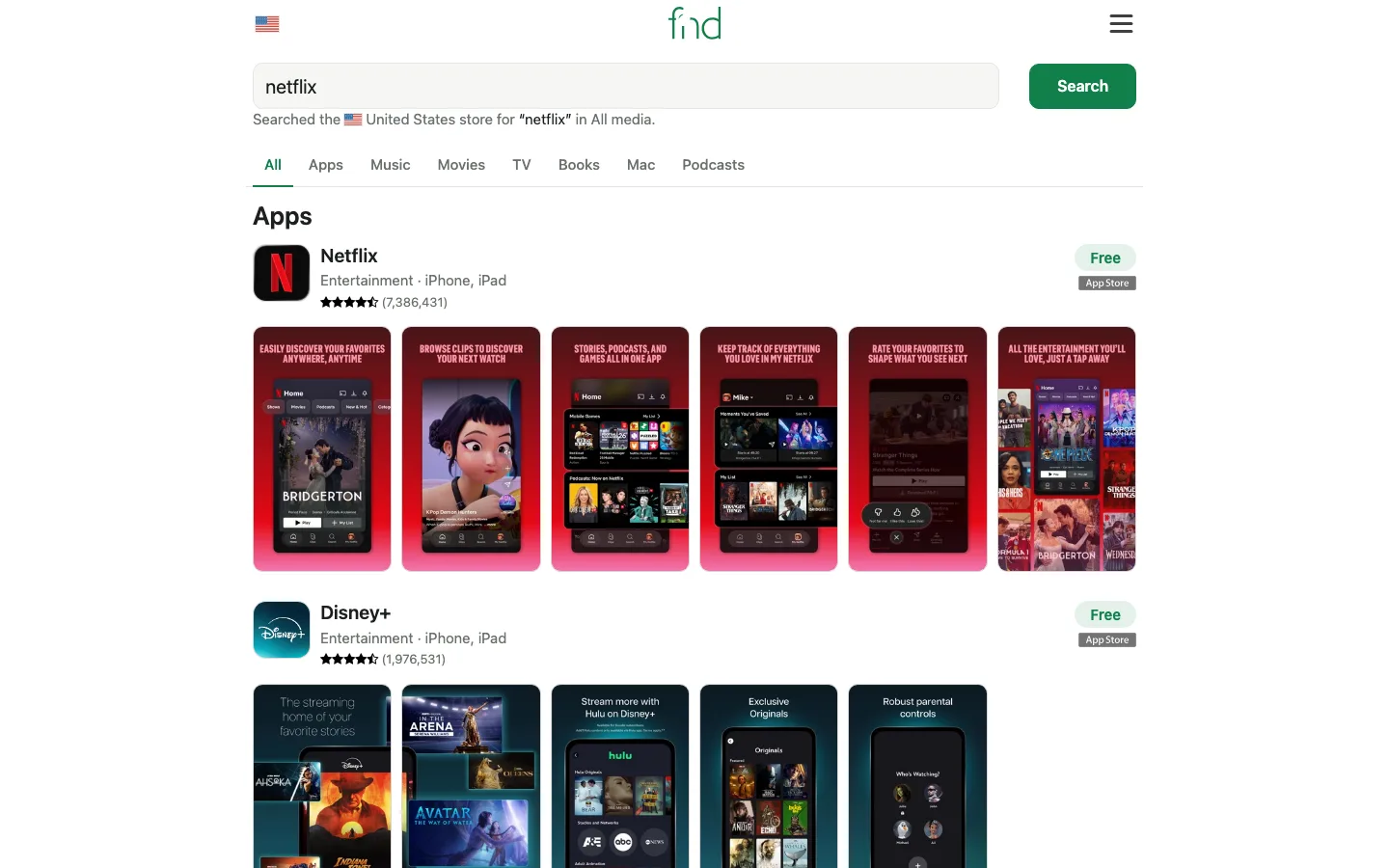 fnd.io 免費跨店查價:從瀏覽器直搜 155 國 App Store 2 fnd.io 美國店搜尋 netflix 的結果頁,Apps 區列出 Netflix 與 Disney+ 等 app,Netflix 顯示 7,386,431 則評分與 Free 標籤,下方另有 Music 與 Movies 分區