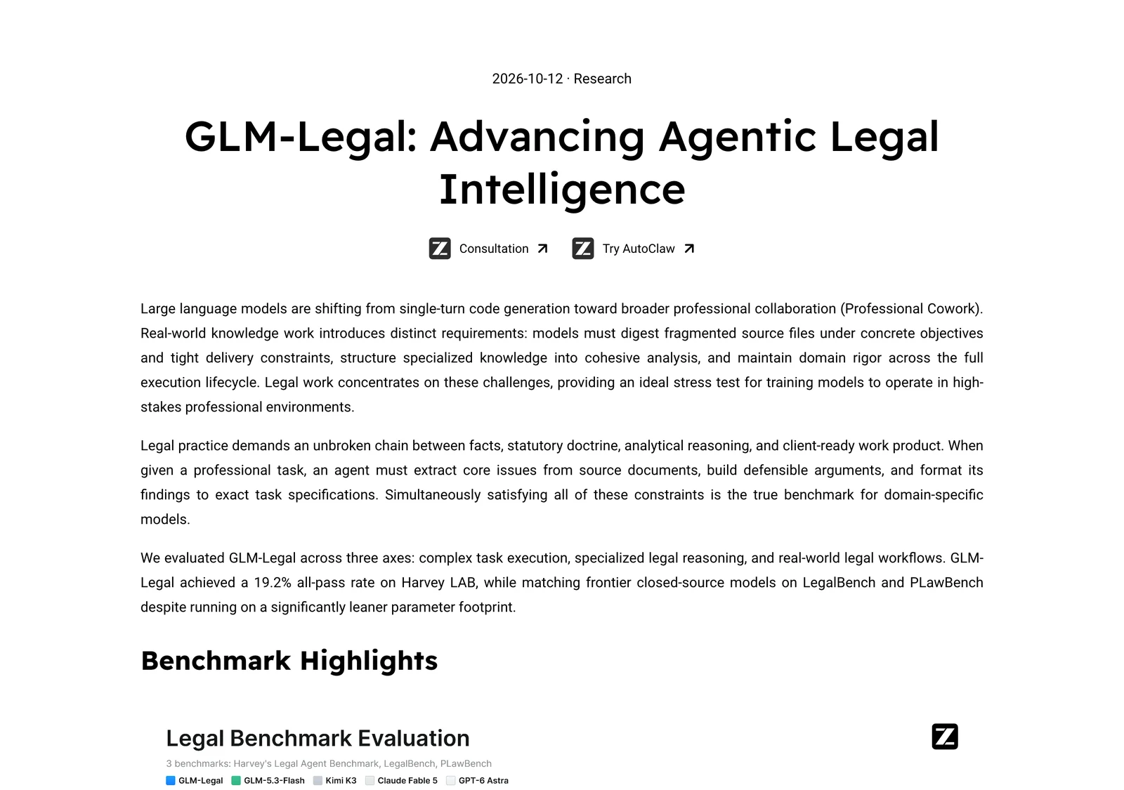 Z.ai 法律模型 GLM-Legal:同價比基座多拿 12.5 個百分點 2 Z.ai 官方部落格的 GLM-Legal 發表文章開頭,標題為 GLM-Legal: Advancing Agentic Legal Intelligence