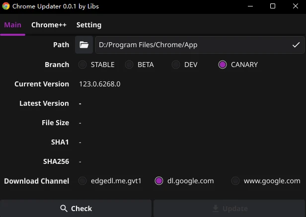 chrome_updater 英文介面截圖，視窗內有 Main、Chrome++、Setting 三個分頁，Main 分頁顯示路徑、Branch、版本與下載頻道欄位