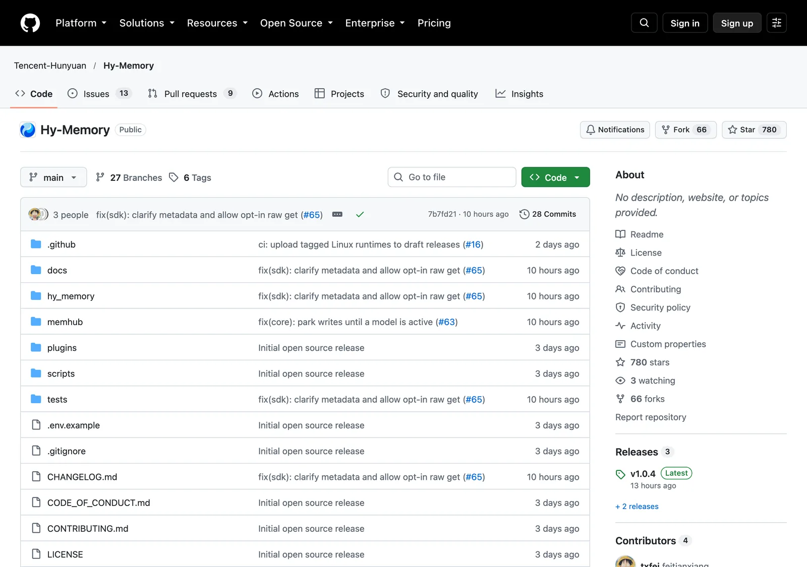 騰訊混元開源 Hy Memory 2.0 實測,跨工具記憶資料流向自己選 3 Tencent-Hunyuan Hy-Memory GitHub 儲存庫頁面截圖,最新提交為 fix sdk allow opt-in raw get 65,最新版本 v1.0.4