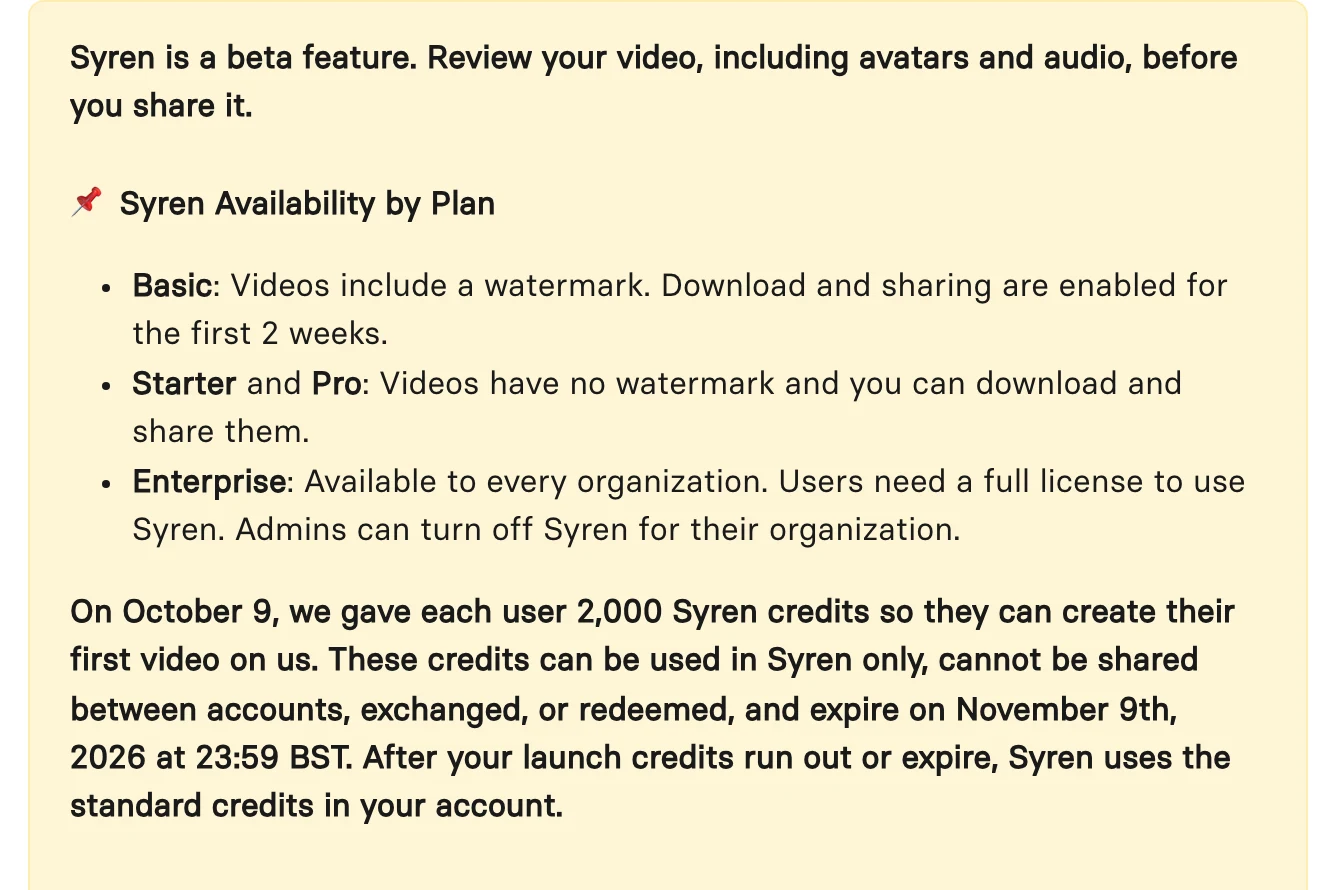 Synthesia Syren 上線,拿品牌影片當 AI 短片的風格參考 4 Synthesia 說明文件的方案可用性與點數規定