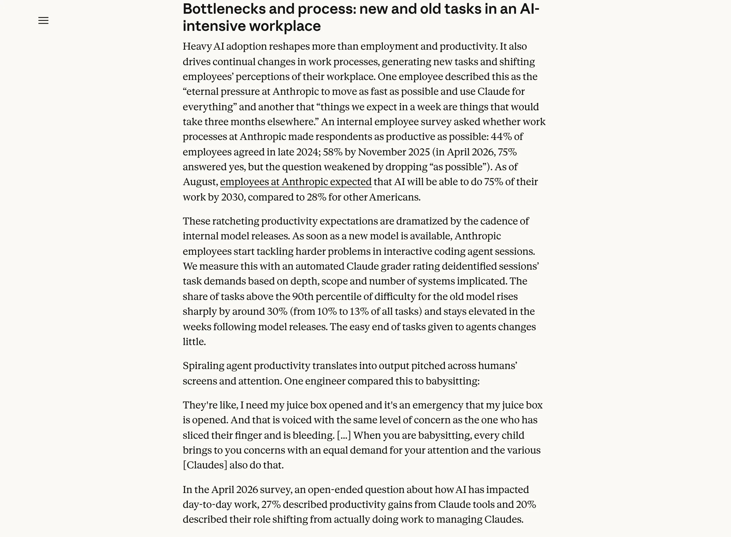 Anthropic 就業研究 Bottlenecks and process 段落截圖，員工生產力感知與 meta-work 相關數字