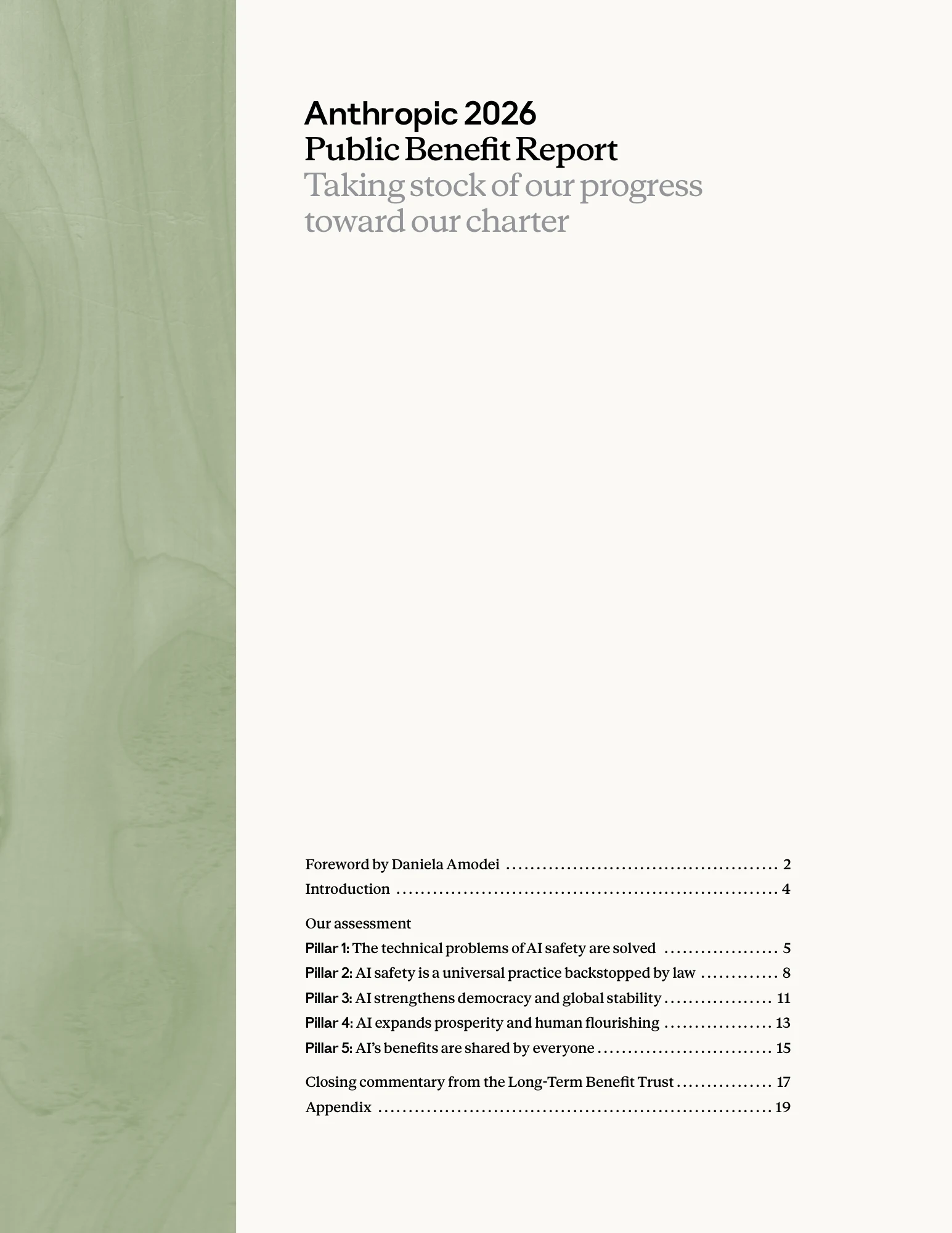 Anthropic 首份公益年報:五支柱攤開投入,信託要求看成果 2 Anthropic 2026 Public Benefit Report 封面,副標 Taking stock of our progress toward our charter,目錄列出五個支柱的頁碼與長期利益信託結語