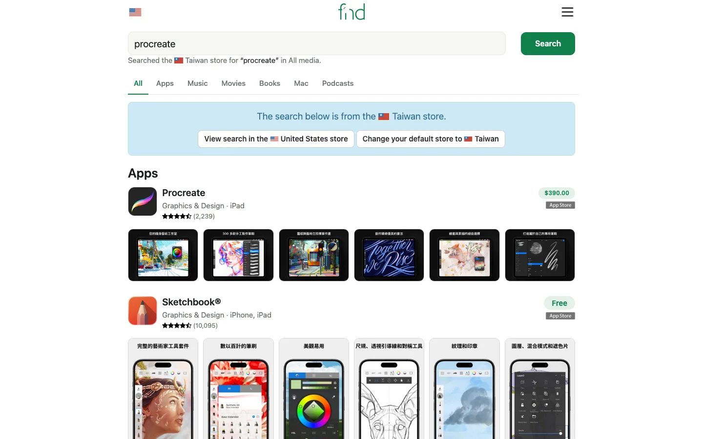 fnd.io 免費跨店查價:從瀏覽器直搜 155 國 App Store 3 fnd.io 台灣店搜尋 procreate 的結果頁,Procreate 列為第一位,價格顯示 $390.00,下方為免費的 Sketchbook 與繁中介面的 ibisPaint X(愛筆思畫X)