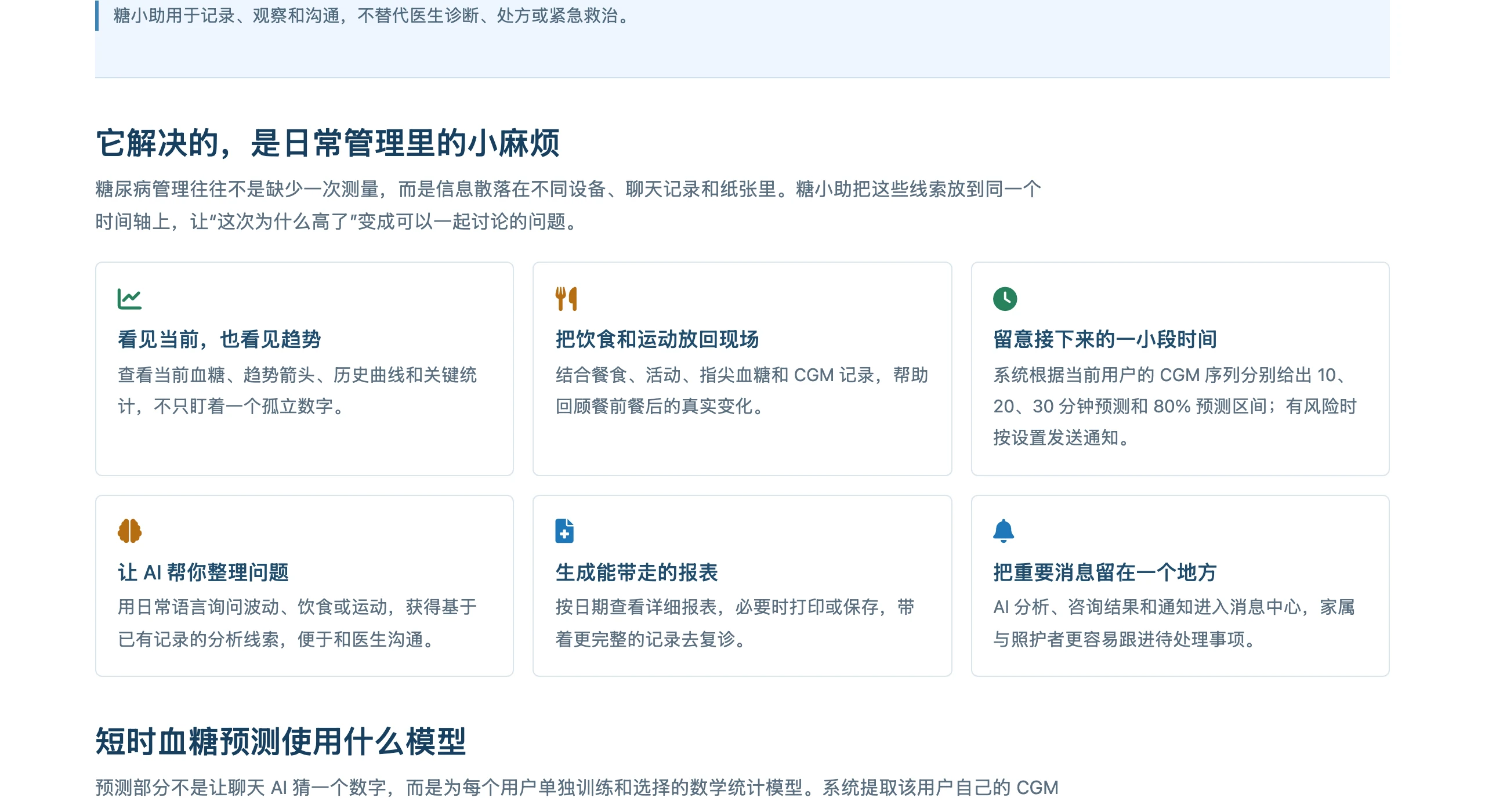 糖小助:開源血糖儀表板實測,自架與雲端版這樣選 3 糖小助雲端版說明頁的功能卡片與短時血糖預測模型說明