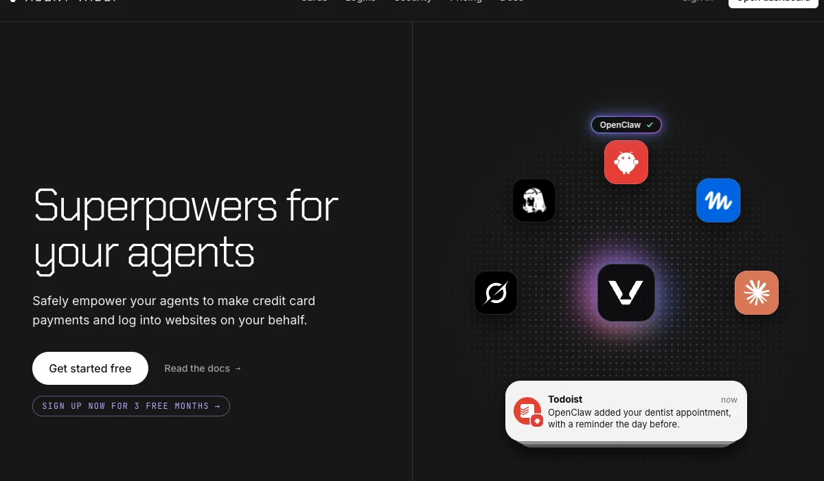 Agent Vault 官方網站首頁，標題 Superpowers for your agents，副標說明讓代理代替使用者完成信用卡付款與網站登入