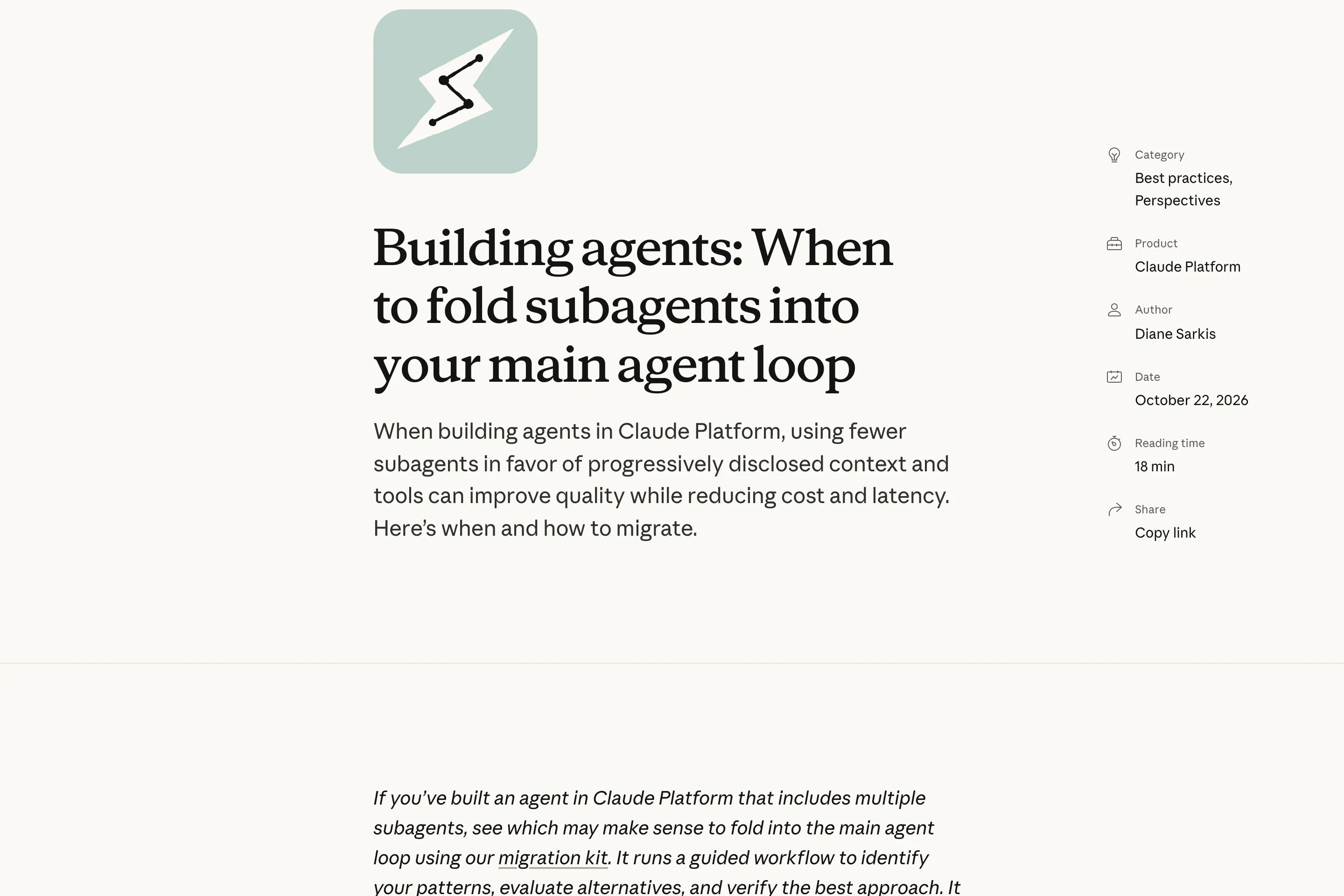 Anthropic 官方文章頁面截圖，主標題 Building agents: When to fold subagents into your main agent loop，右側資訊欄標示作者 Diane Sarkis、日期 October 22 2026、閱讀時間 18 分鐘