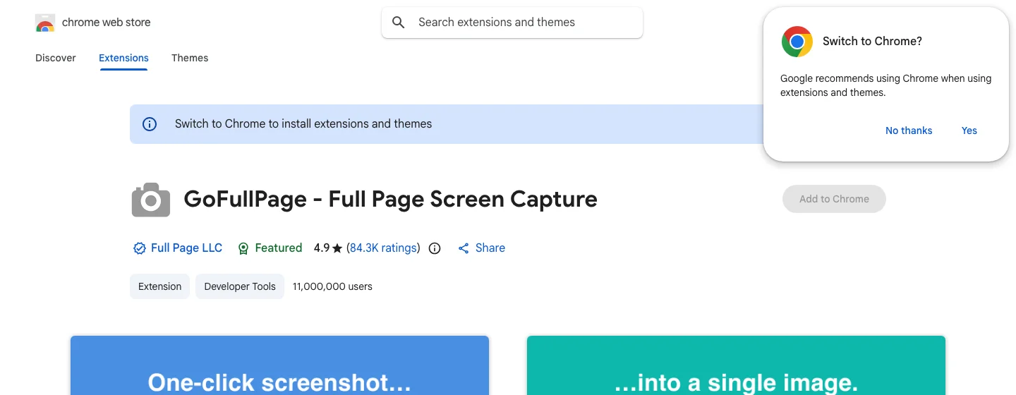 GoFullPage 整頁截圖擴充評測:截圖留在本機,遙測預設開啟 2 GoFullPage 在 Chrome Web Store 的商店頁頂部,顯示 4.9 顆星評分、8.4 萬則評價與一千一百萬使用者