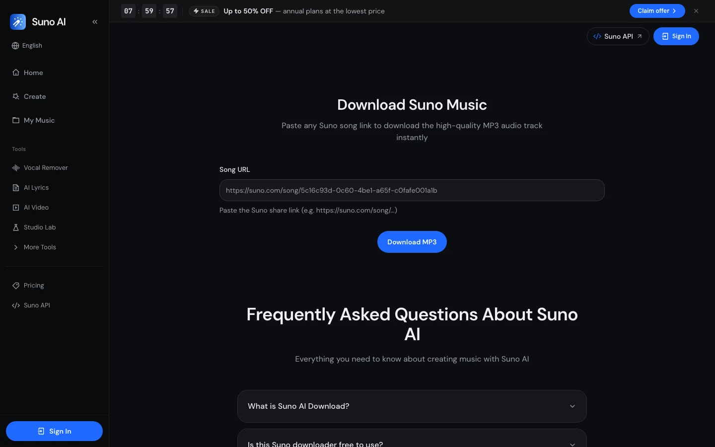 Suno AI Music 實測:掛 Suno 名號的音樂站,看清下載現況 2 sunoai-music.com 下載頁的 Song URL 輸入框與 Download MP3 按鈕