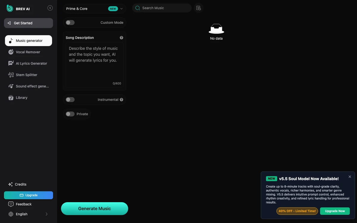 Brev.ai AI 音樂生成器實測:免費額度是真的,商用授權要付費 3 Brev.ai 英文版生成器頁面,左側工具導覽與歌曲描述框、模型選單 Prime 與 Core