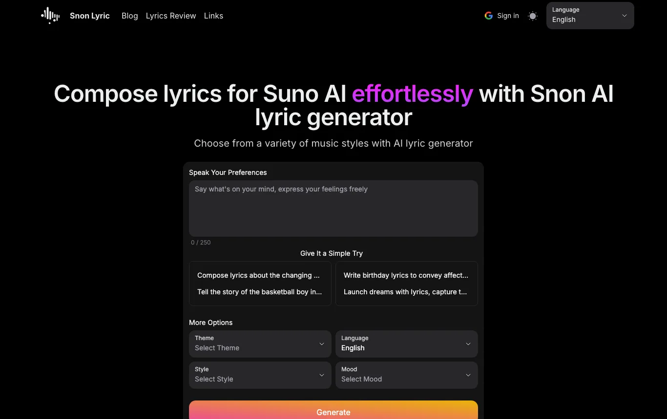 Snon Lyric 實測:替 Suno 寫詞的免費額度,比你想的先撞牆 2 Snon Lyric 英文版首頁的歌詞生成表單,含主題描述框與四個下拉選單