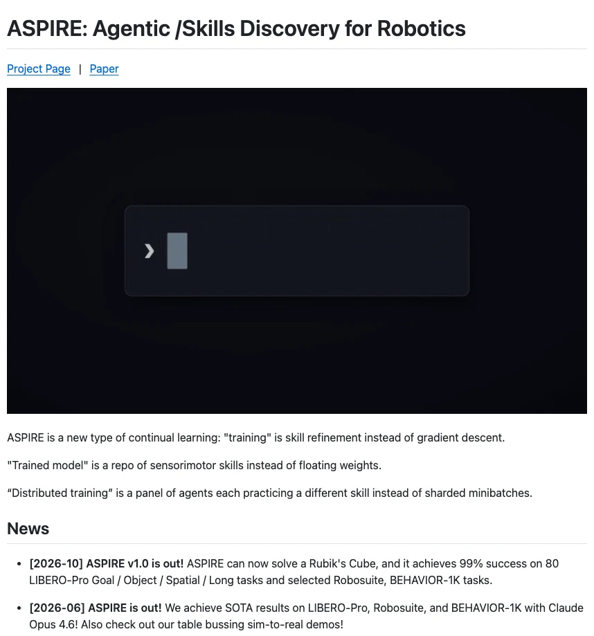 NVIDIA 開源 ASPIRE 機器人框架,換更強模型就讓成功率跳到 99% 2 GitHub 儲存庫 NVlabs/ASPIRE 的 README 開頭,標題下方三行重定義描述,News 段落列出 2026-10 v1.0 開源與 2026-06 初版兩條公告
