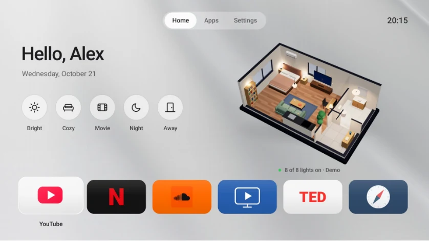 Luma 開源 Android TV 自製首頁,順手接管全屋燈光 3 Luma 首頁白天樣貌:頂部置中 Home Apps Settings 分頁列與右上角時間,中央為 Hello Alex 問候語與日期,下方五顆圓形場景按鈕,背景是浮在銀白絲綢桌布上的住家 3D 模型,底排一列常用 App 卡片