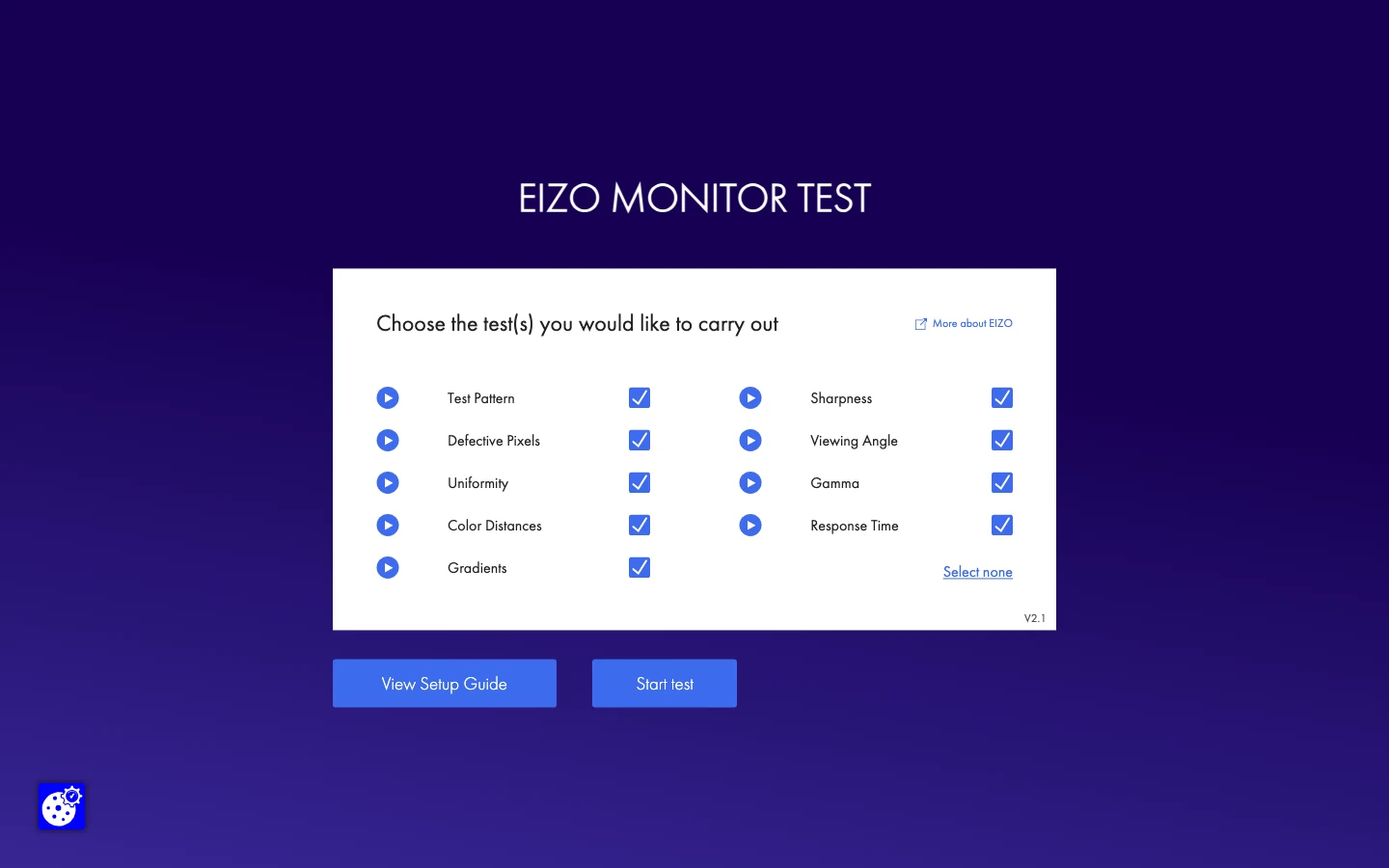 EIZO 免費螢幕測試工具:瀏覽器打開就能驗壞點、均勻度與 Gamma 2 EIZO MONITOR TEST 主選單畫面,列出九大類測試項目與 Start test 開始按鈕