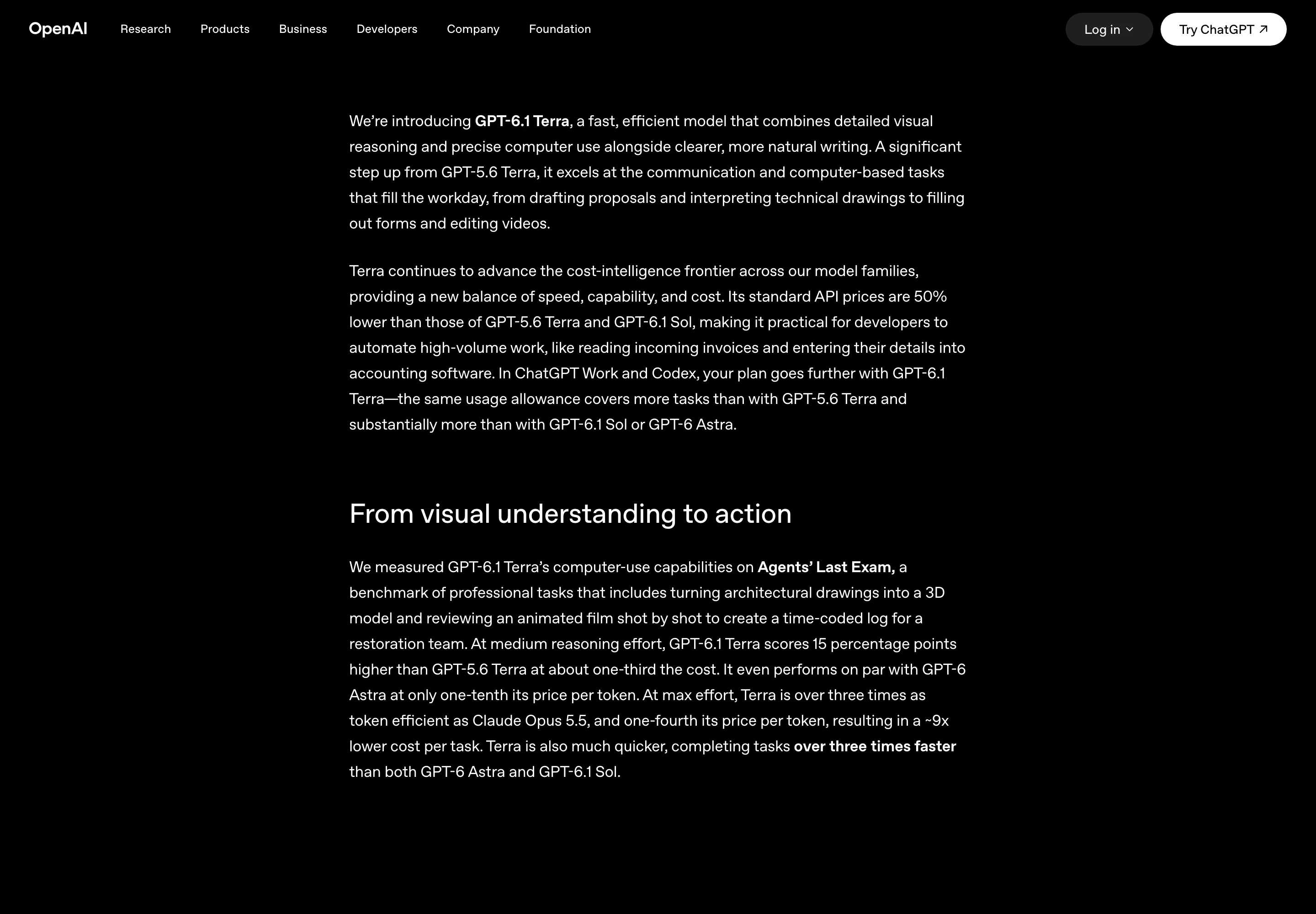 GPT-6.1 Terra 上線:電腦操作價格砍半,任務表現追平旗艦 2 OpenAI 發布公告中 GPT-6.1 Terra 的電腦操作段落,列出 Agents' Last Exam 成績與價格對比(圖片來源:OpenAI)