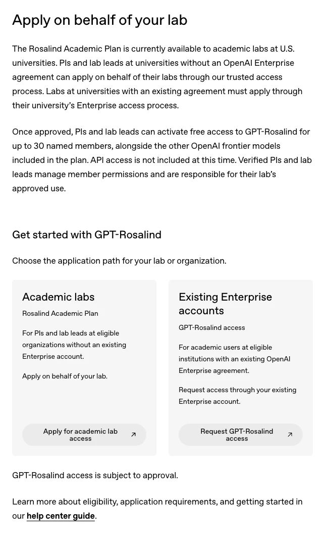 OpenAI Rosalind 學術補助開放:美國大學免費用生命科學 AI 3 OpenAI 公告頁 Apply on behalf of your lab 段落,說明美國大學實驗室的兩種申請路徑