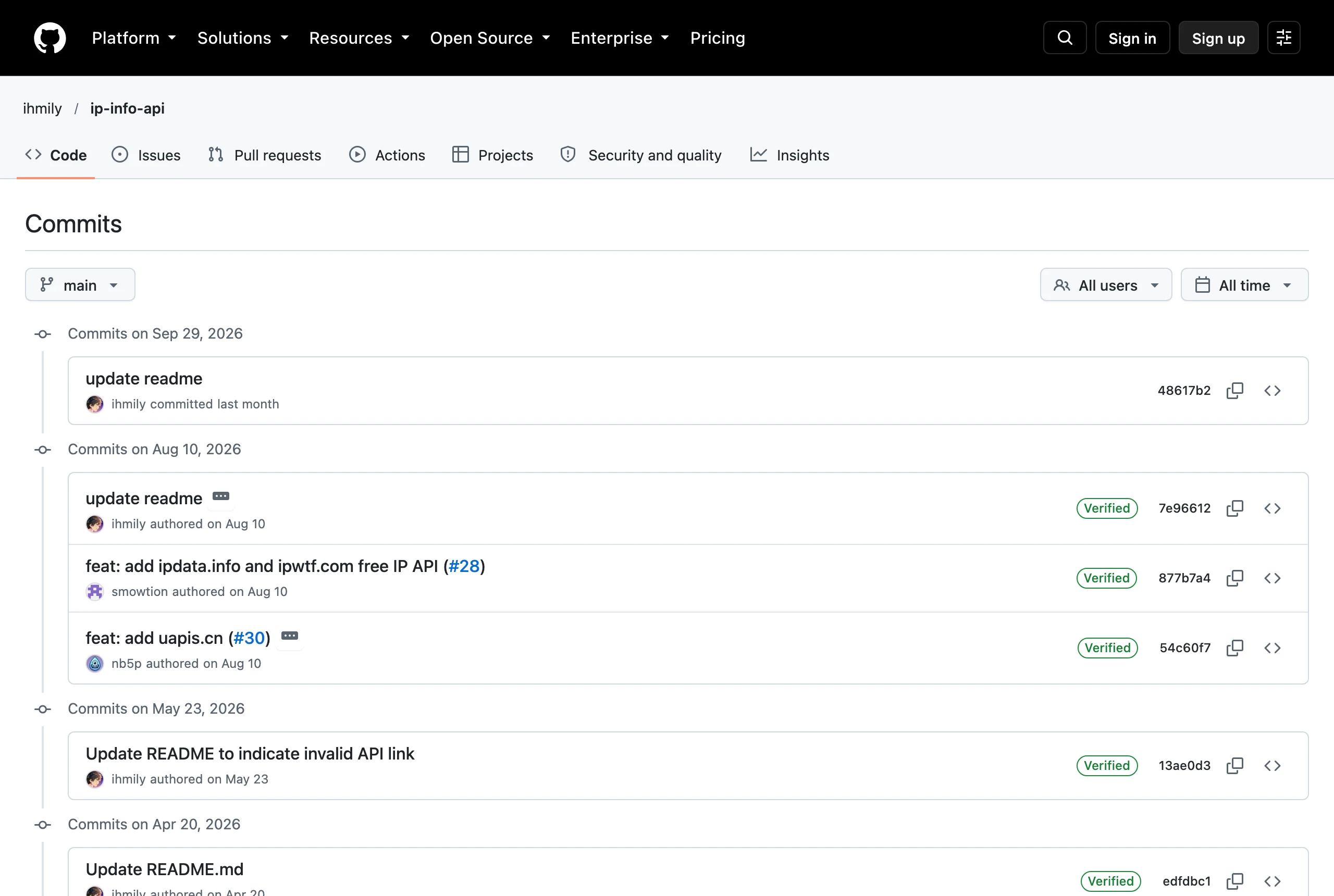 ip-info-api 免費 IP 查詢 API 清單,55 個端點先分級再挑 3 ip-info-api 倉庫的提交歷史,最近一次更新在 2026 年 9 月