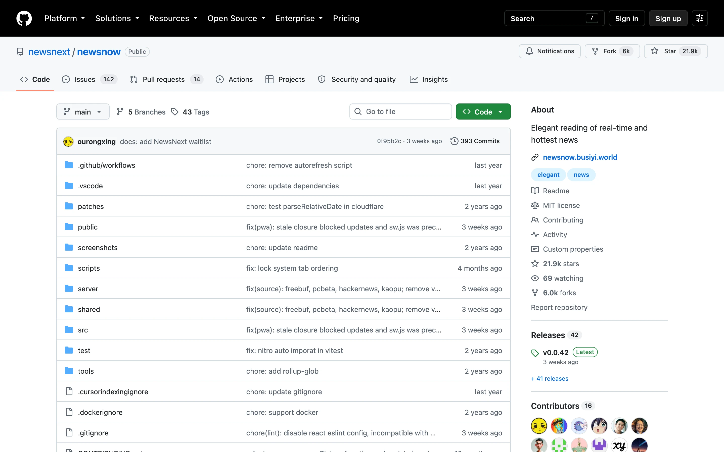 GitHub 上 newsnext 組織的 newsnow 儲存庫頁面，可見最新 commit 為 docs: add NewsNext waitlist