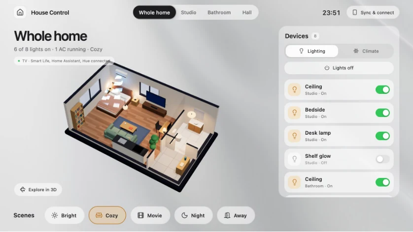 Luma 開源 Android TV 自製首頁,順手接管全屋燈光 4 House Control TV 全屋畫面:左上 House Control 標題與 Whole home Studio Bathroom Hall 分頁,大標 Whole home 下方寫著 8 盞燈開 6 盞、1 台冷氣運轉中、Cozy 場景作用中,右側為燈具大列清單與開關
