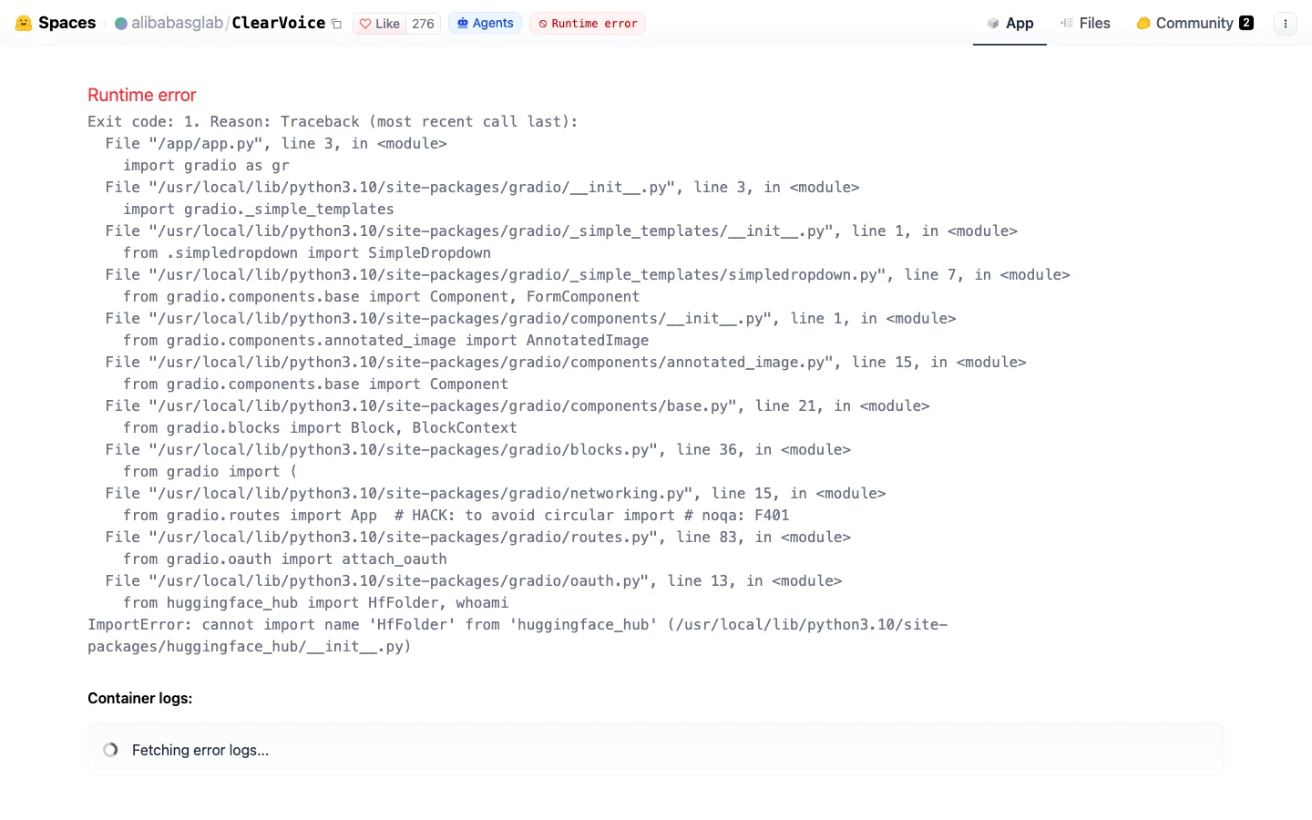 ClearerVoice-Studio 開源語音工具包,去噪與人聲分離筆電就能跑 3 HuggingFace 上 ClearVoice 演示空間的 RuntimeError 頁面,錯誤訊息顯示 import gradio 時的 ImportError